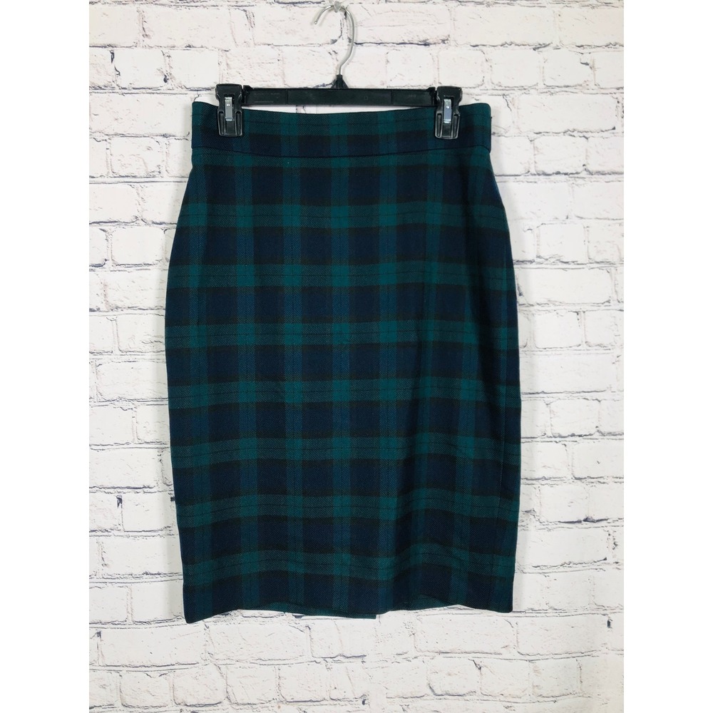 Ann Taylor Skirt Women Pencil Black Watch Plaid Green Blue 2 Excellent Tartan